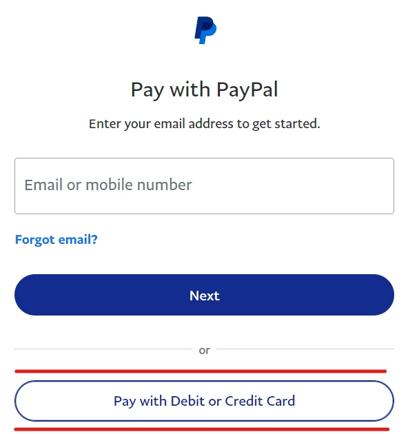 Screenshot of the guest checkout button on the PayPal sign in screen