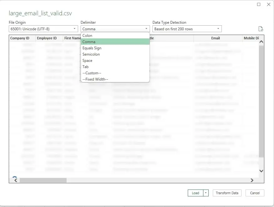 Screenshot showing how to select the file delimiter in Microsoft Excel