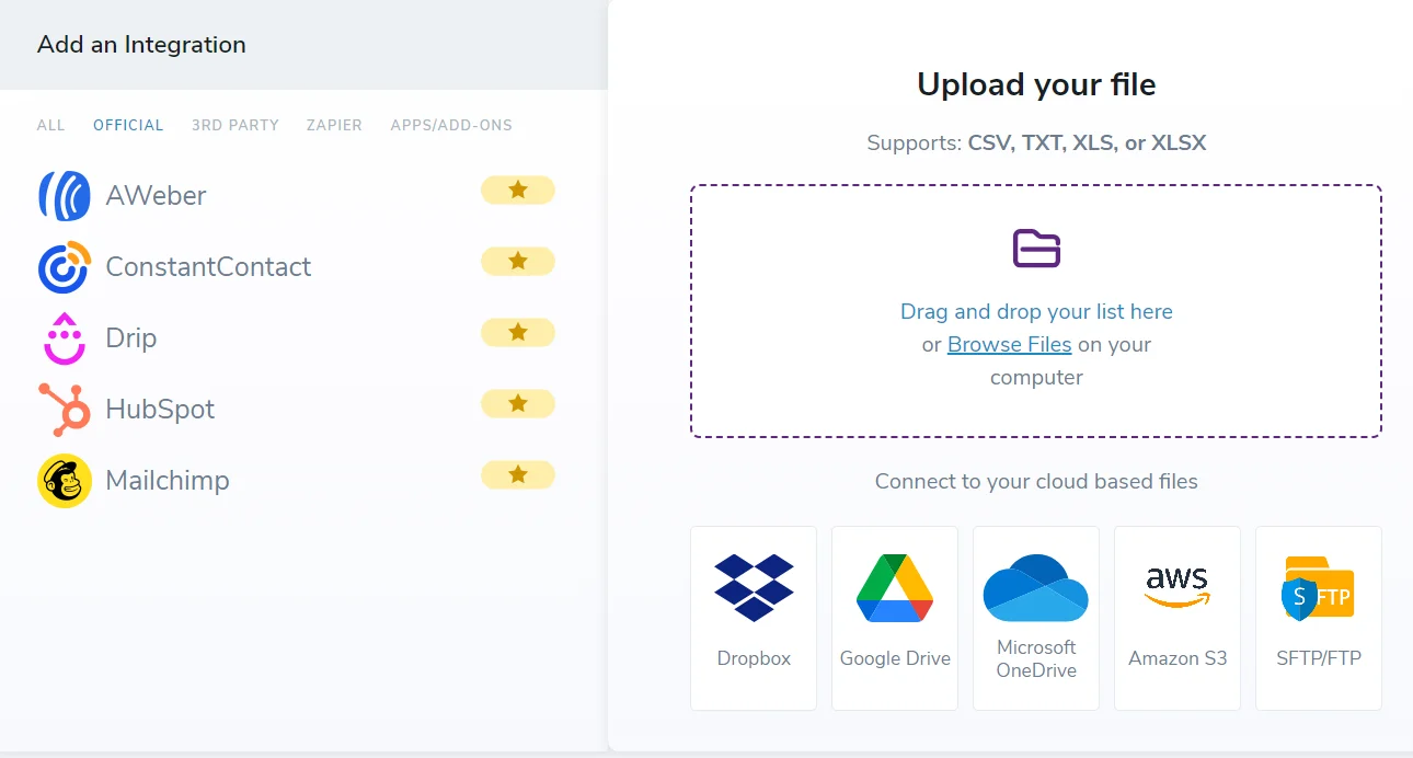 Screenshot of the ZeroBounce file upload screen for files, cloud-based files, and integrations