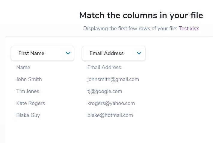 Screenshot of the match columns step when uploading an email list to ZeroBounce’s email validator