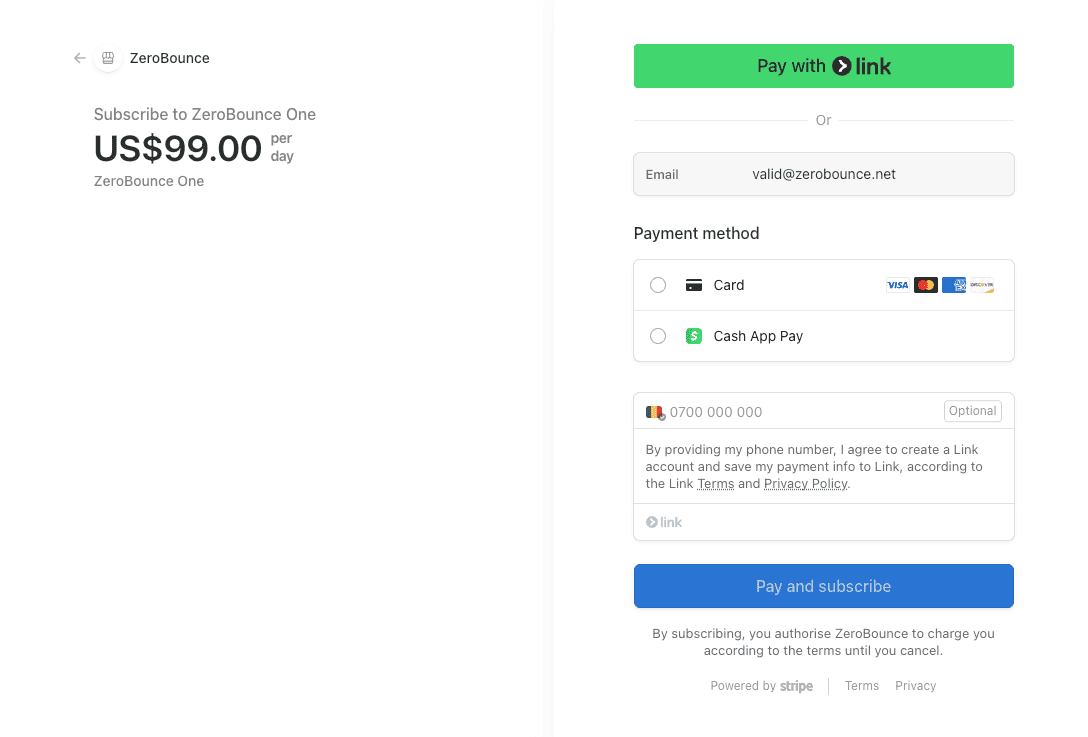 Screenshot of the ZeroBounce payment screen with a link to pay with Link