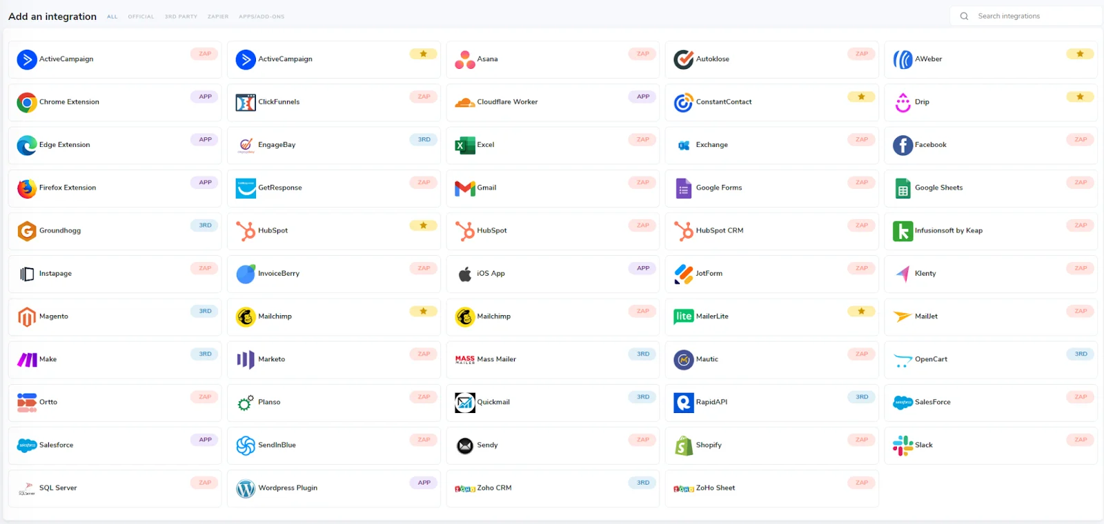 The integrations area of the ZeroBounce customer dashboard