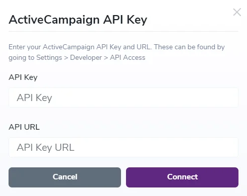 Screenshot of the API key request for the ActiveCampaign integration