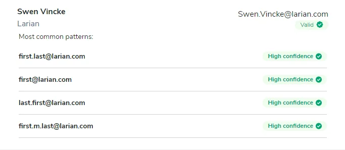 Name-based ,[object Object], search results showing a valid email address for Swen Vincke: swen.vincke@larian.com.