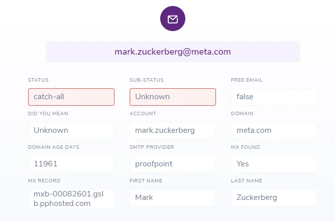 Example of an appended data report for mark.zuckerberg@meta.com