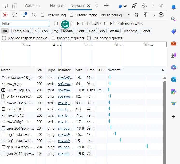 The Network tab within Edge developer tools