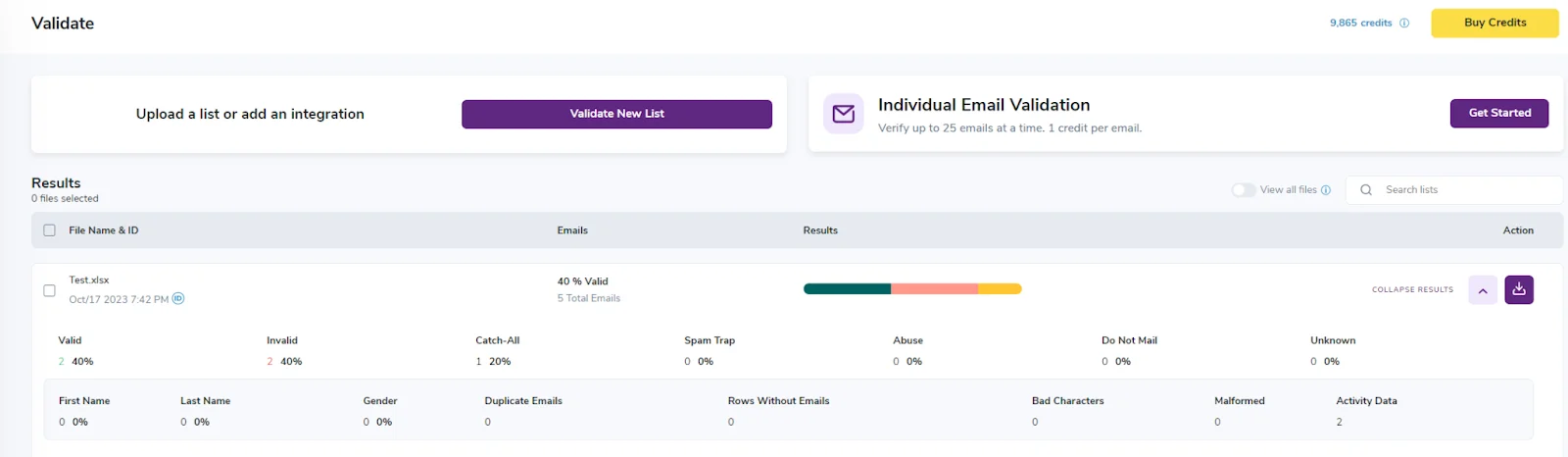 ZeroBounce’s bulk email verifier upload screen with results from past email list cleanings