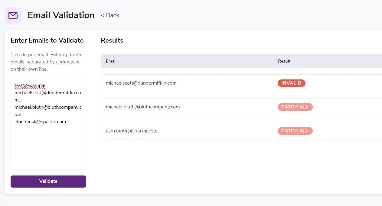 ZeroBounce’s email validator with results for three email addresses entered with text