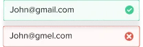 Two email addresses: john@gmail.com (marked as valid) and john@gmel.com (marked as invalid)