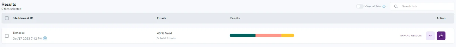 The ZeroBounce bulk email verification dashboard with a file and corresponding results
