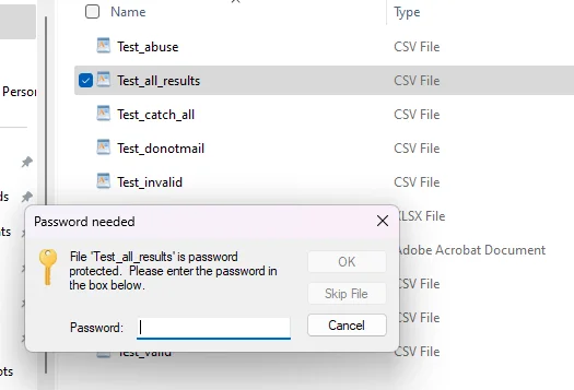 An email verification results file requesting the password needed to unzip the file