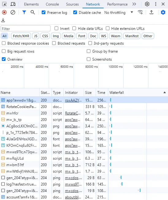 Google Chrome developer tools Network tab