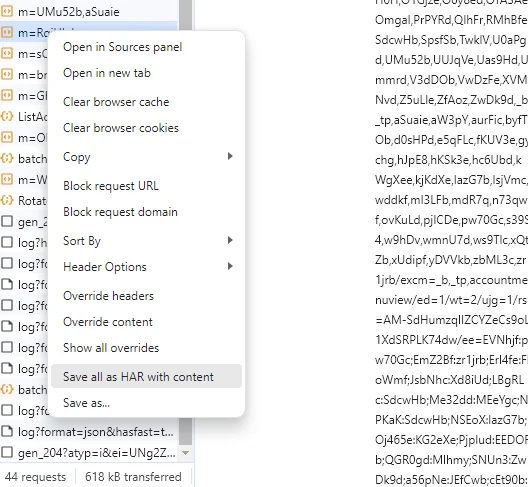 Chrome dev tools network traffic highlighting the “Save all as HAR with content” option