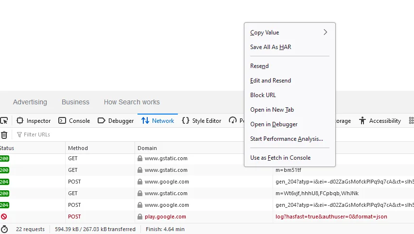 Firefox developer tools network tab menu showing the “Save all as HAR” option