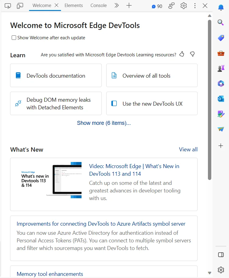 Microsoft Edge Developer tools main menu