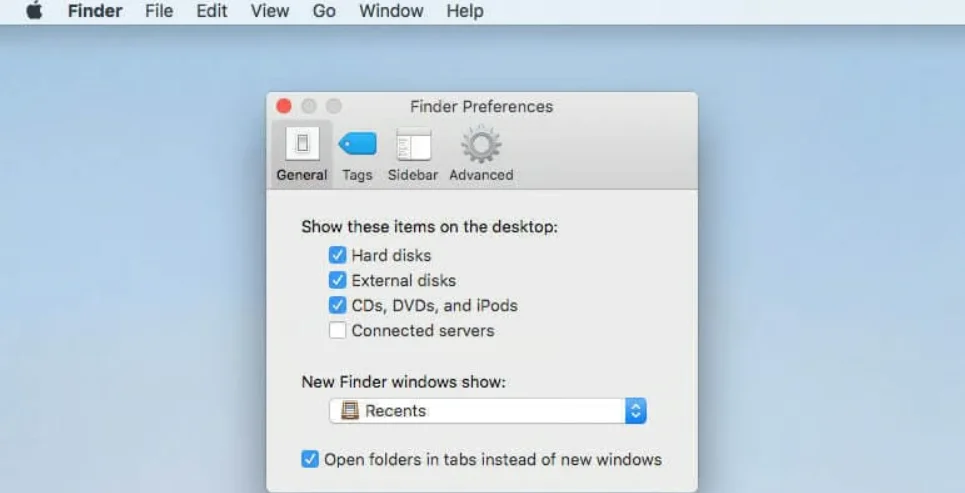 Screenshot of Finder Preferences in Mac OS