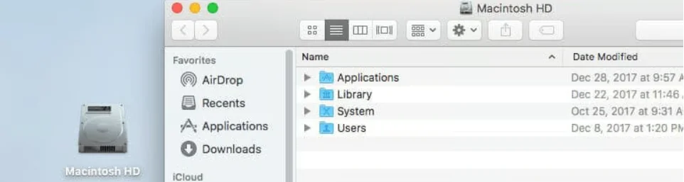 Screenshot of the Macintosh HD drive with an open Finder window holding the contents within
