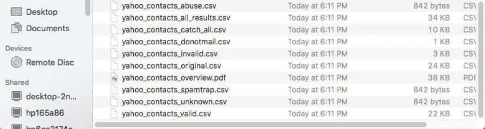 Unzipped ZeroBounce ,[object Object], results file in a Mac OS Finder window