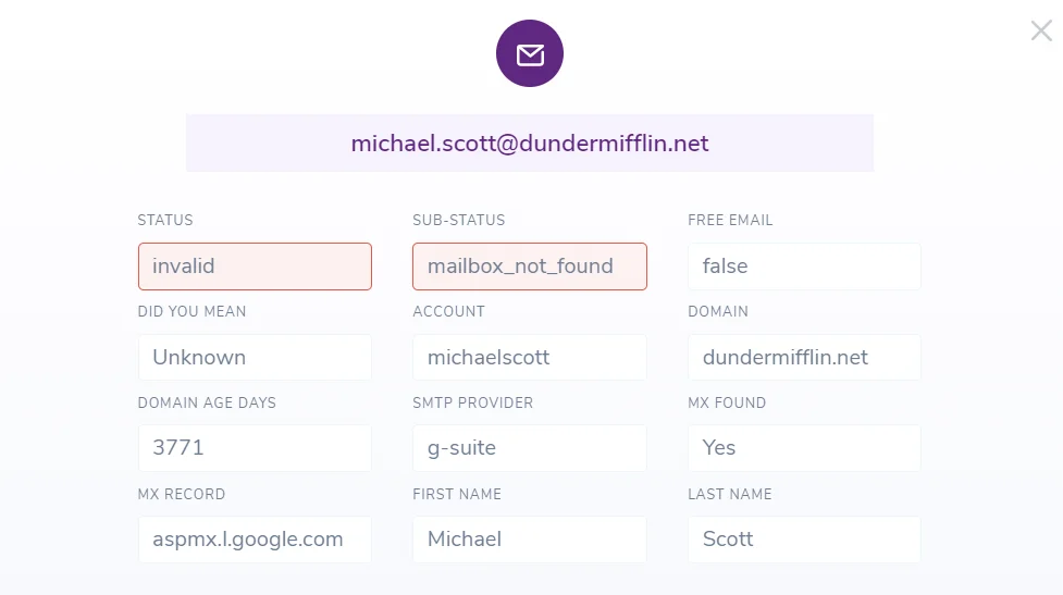 Screenshot of a validated email address, including the appended data