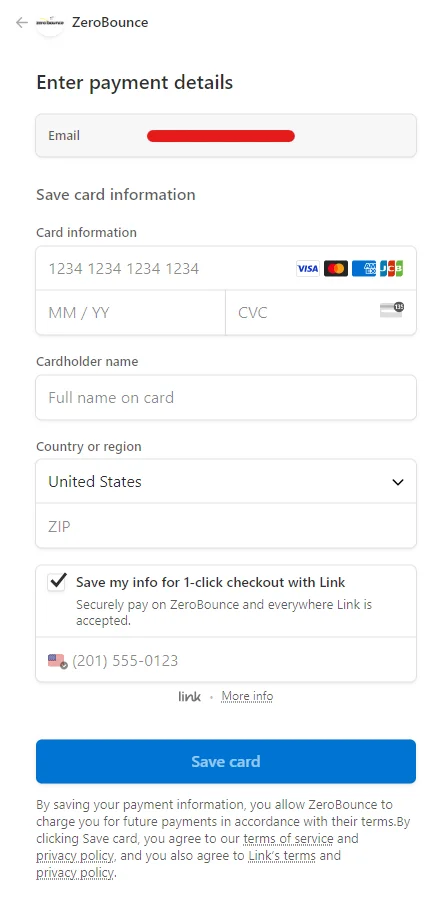 The ZeroBounce Enter Payment Details screen asks for card information, cardholder name, country or region, and your preference of using 1-click checkout with Link.