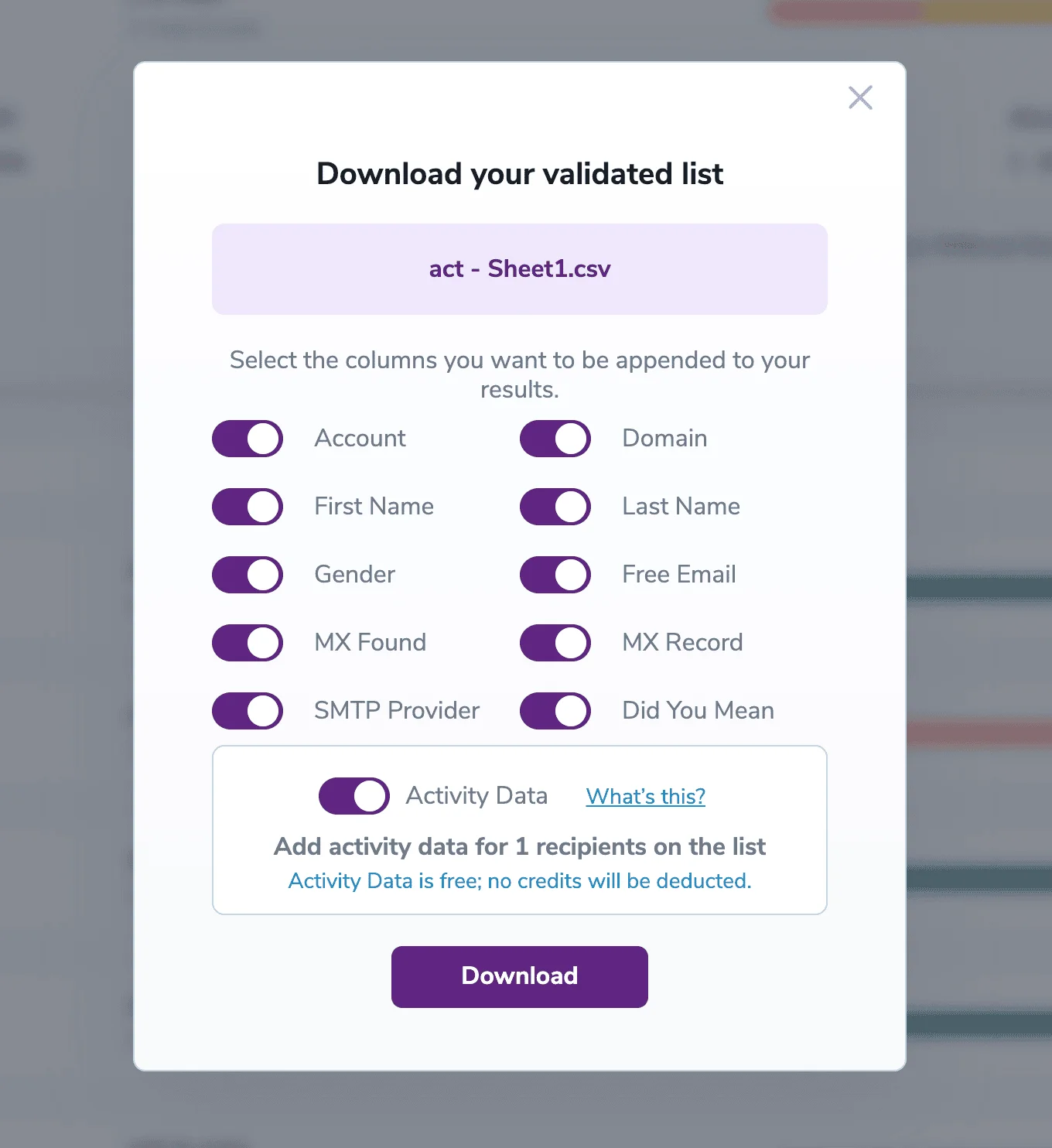 The email verification results download screen with the optional data you can select to append