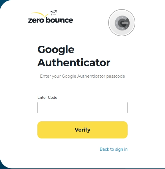 Field for inserting your Google Authenticator passcode for your ZeroBounce account