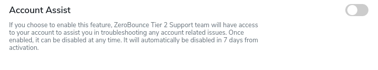 Account Assist option toggle switch in your ZeroBounce account settings