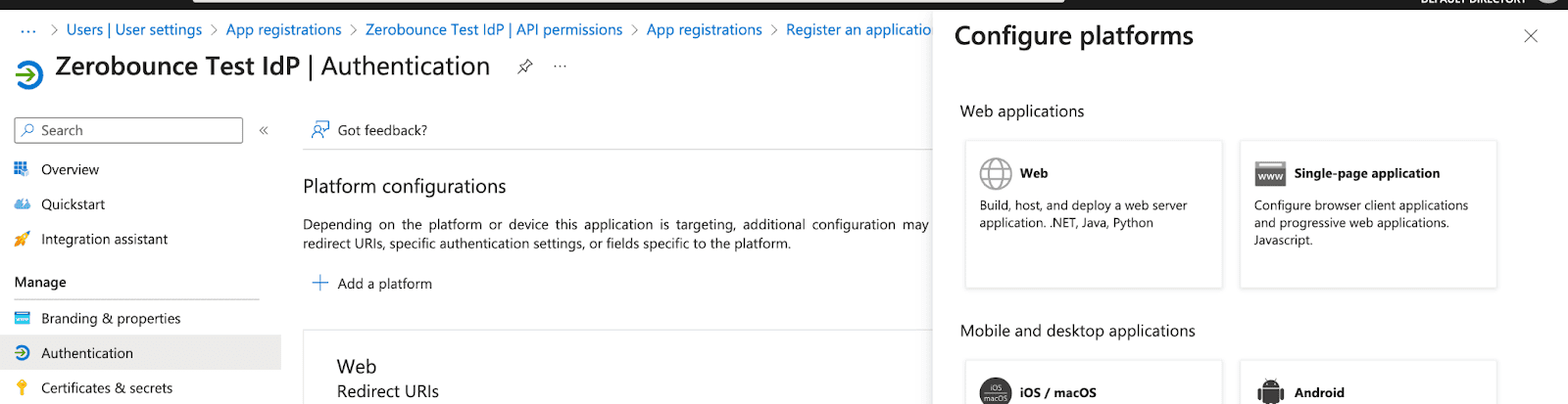 Select Authentication and under Platform Configuration