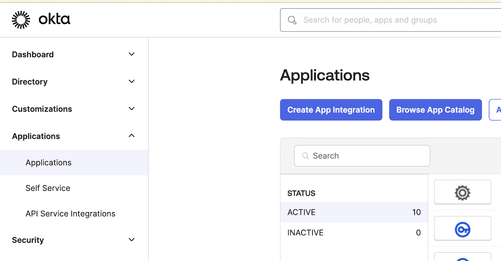 Okta account dashboard with the Applications menu highlighted