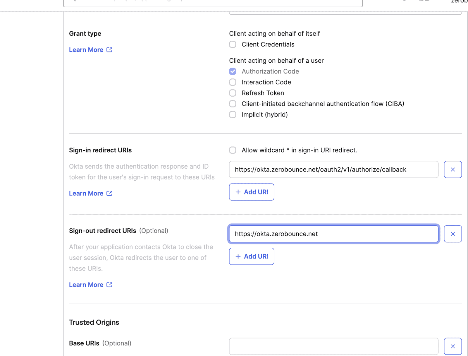 Okta's application creation menu with the sign-in redirect URL: https://okta.zerobounce.net/oauth2/v1/authorize/callback and Sign-out redirect URL https://okta.zerobounce.net