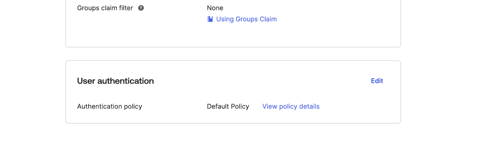 An Okta menu showing the user authentication policy selector
