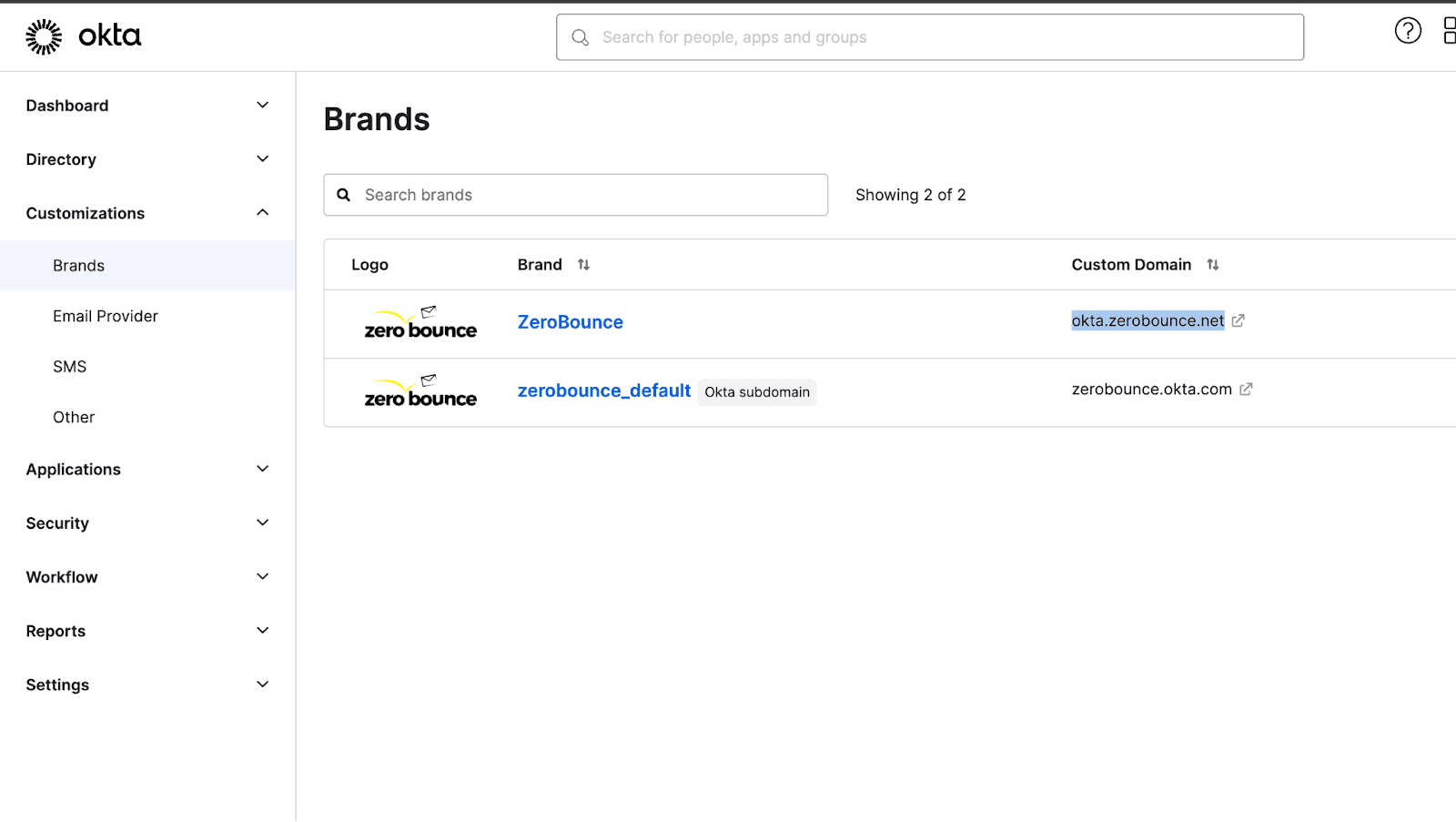The Brands menu in Okta's Customizations shows the custom domain URLs for ZeroBounce and zerobounce_default