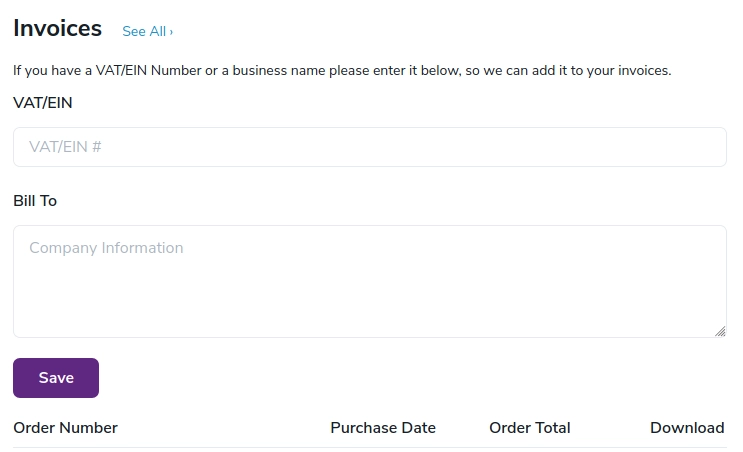 The invoices section of your ZeroBounce account with the text fields for tax number and Bill To details