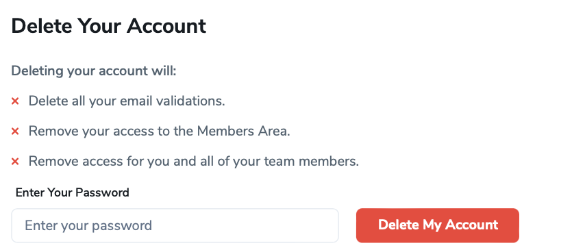 The delete your ZeroBounce account section with its password field and delete account button