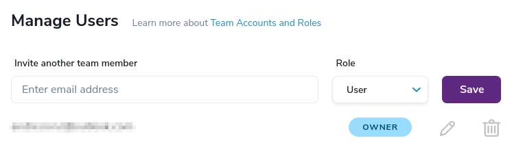The manage users section of your ZeroBounce account showing the team members and the invite options