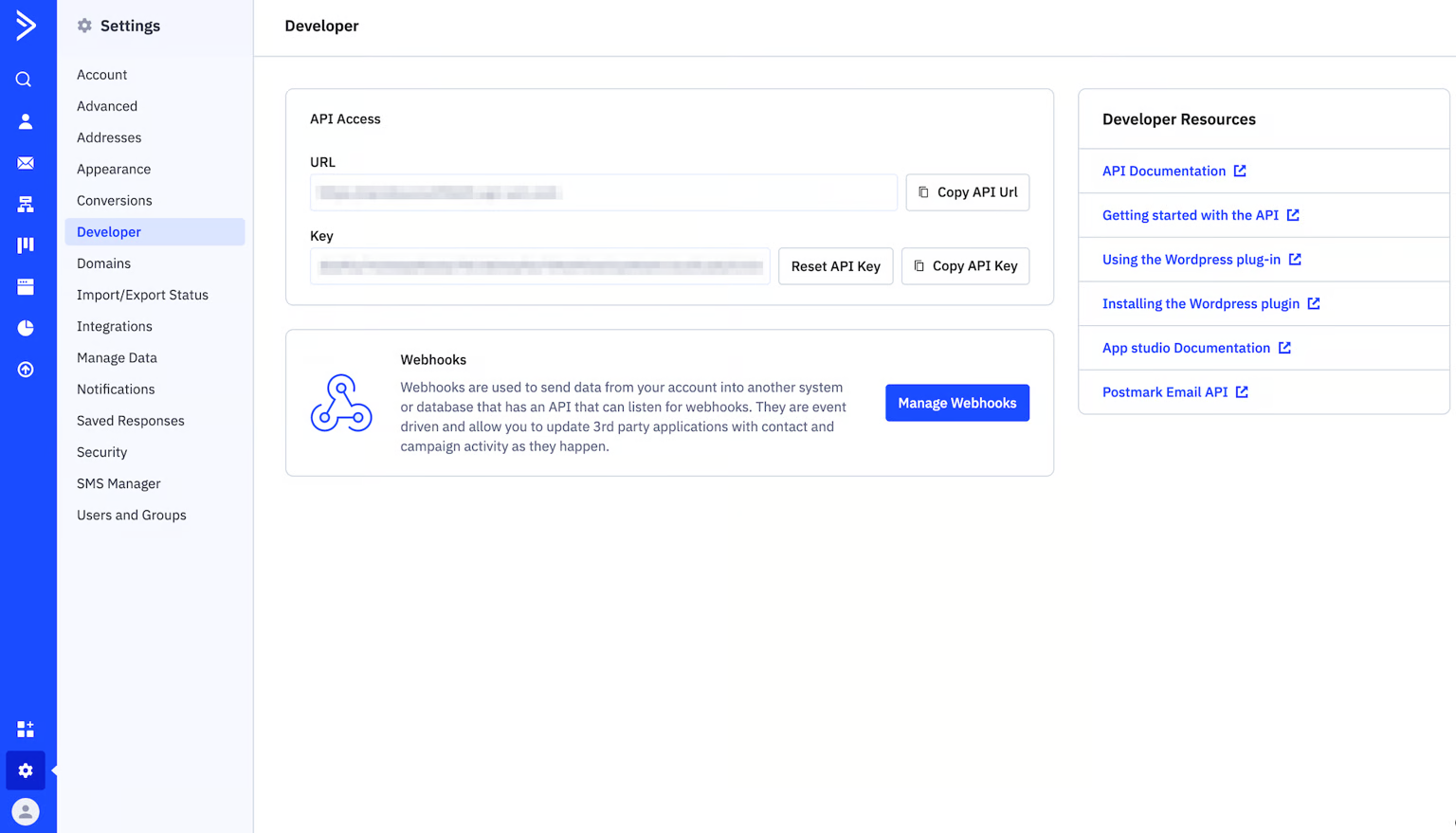 The ActiveCampaign Developer settings page with the URL and API key blurred