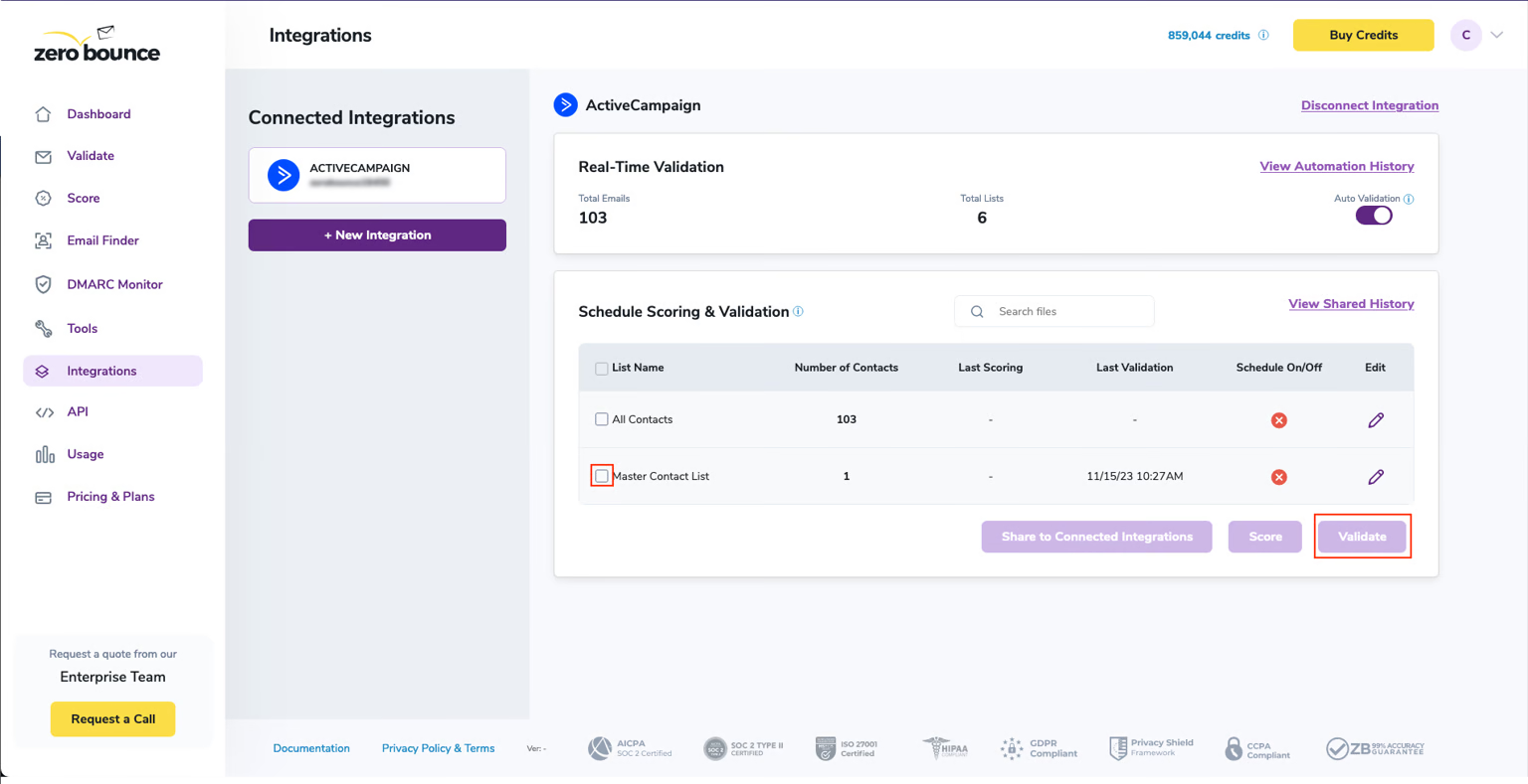 The ZeroBounce dashboard showing ActiveCampaign as a connected integration along with a real-time email validation report and scheduling settings