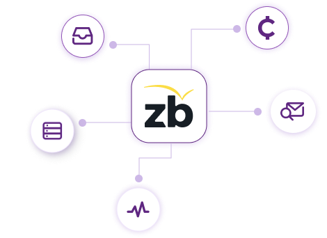 El logotipo BIMI de ZeroBounce con los beneficios de la cuenta gratuita de la compañía se ramifica, lo que incluye lo siguiente: 1 pruebas de llegada a la casilla de entrada, 100 créditos de verificación de correo electrónico, 1 pruebas de servidor de correo electrónico, 10 consultas al buscador de correo electrónico y 1 monitores de listas negras.