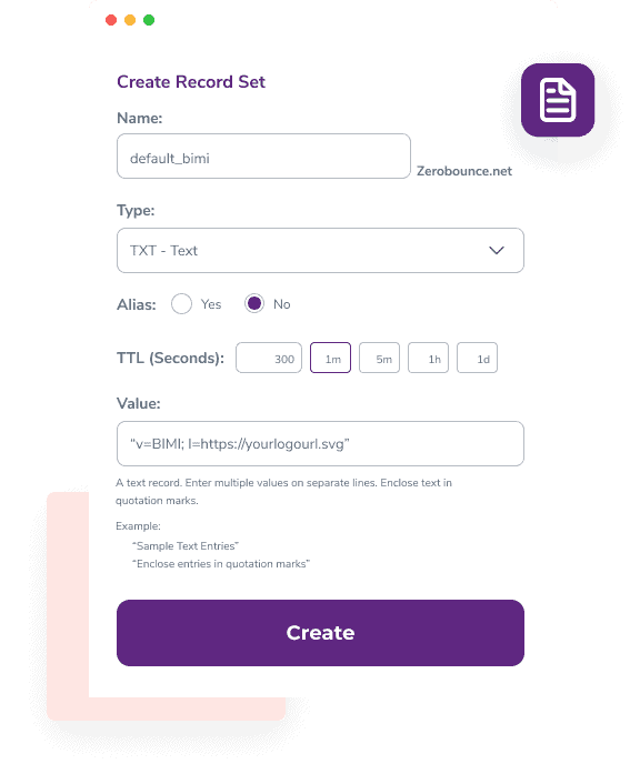 A menu titled ‘Create record set’ that includes fields for the record name, type, alias, TTL, and value, along with a “Create” button.