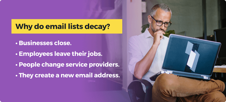 Bespectacled caucasian man wearing white shirt working at laptop reading about email list management on a purple background.