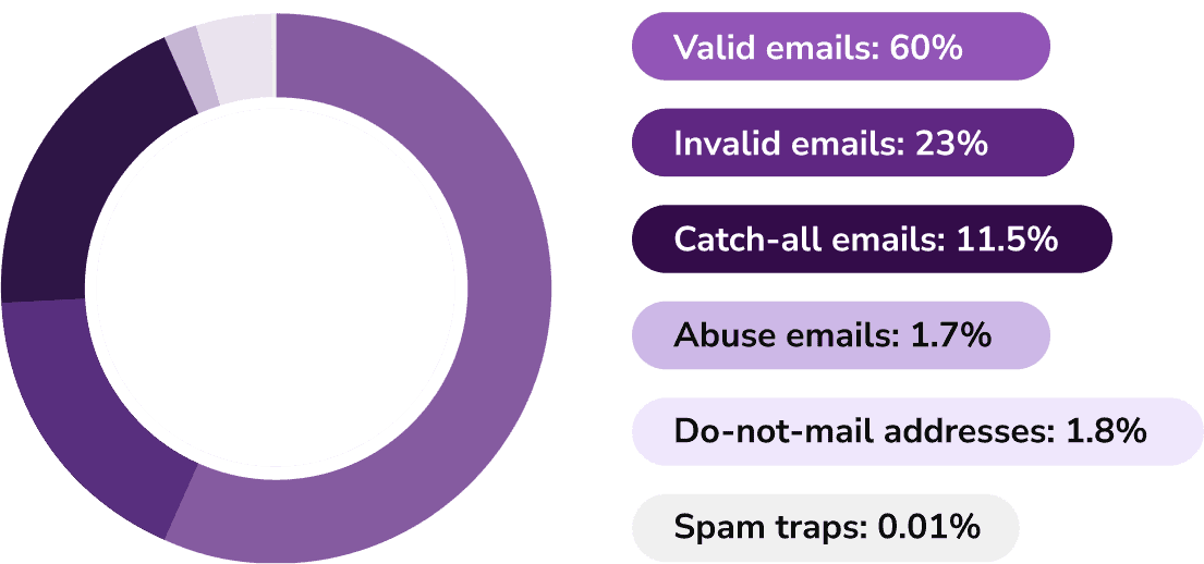 Graph using shades of purple shows ZeroBounce bulk email verification results identified in 2024, using percentages and categories.