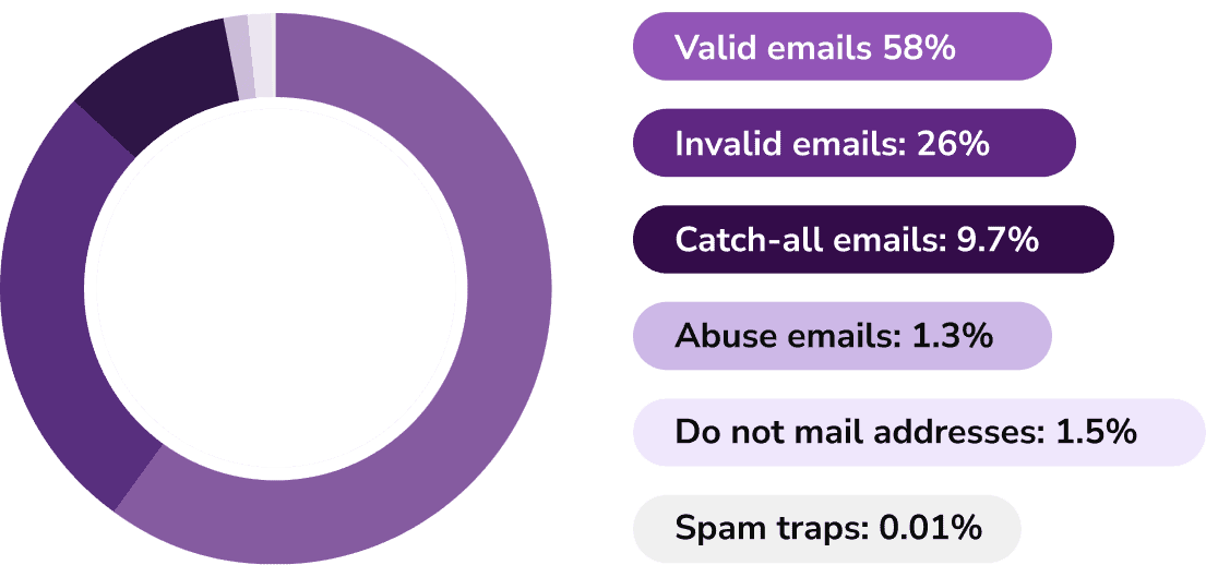 Graph using shades of purple lists percent and category of email database decay identified using real-time email validation results in 2024