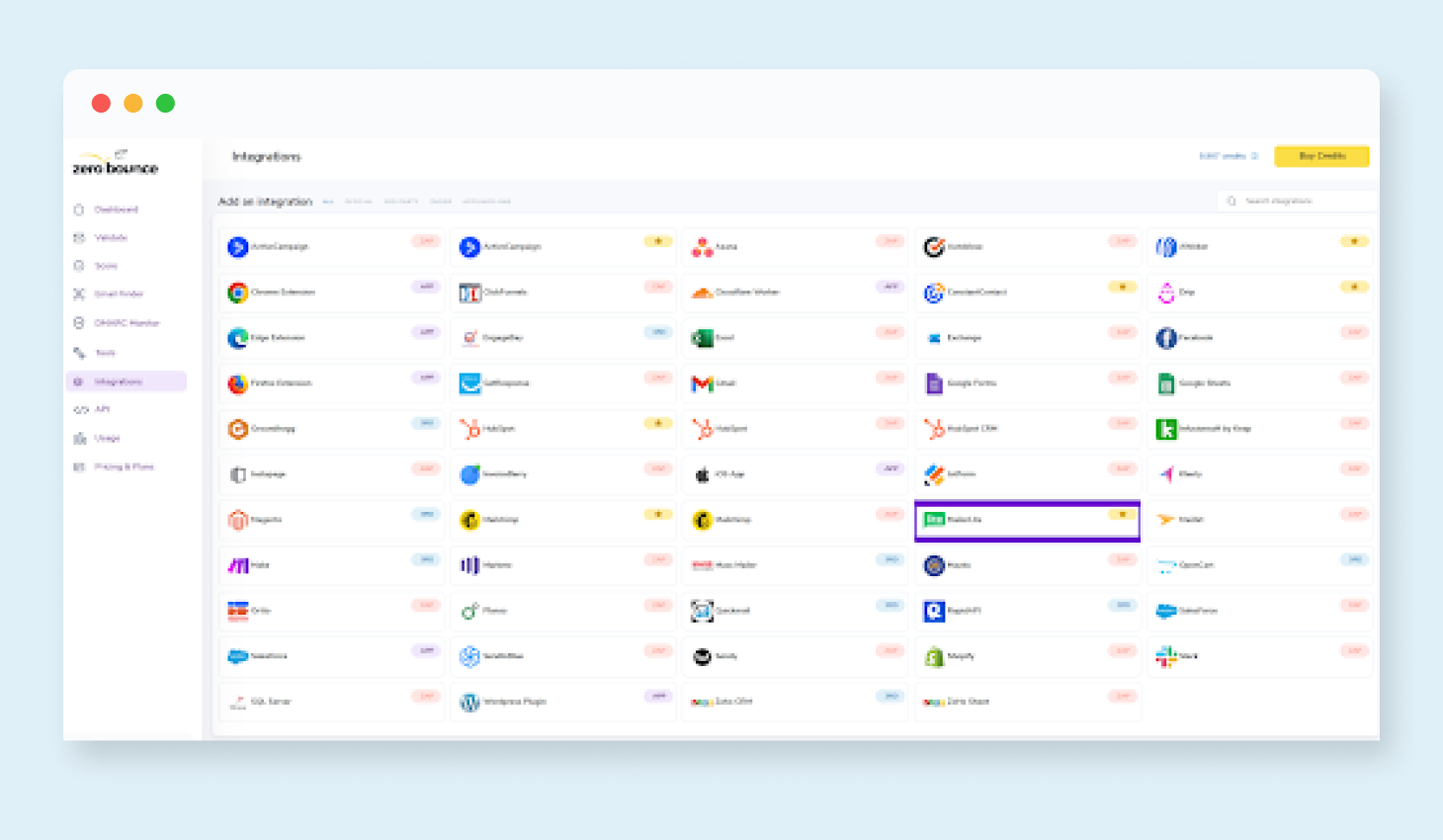 The ZeroBounce integrations dashboard with the ZeroBounce MailerLite integration highlighted