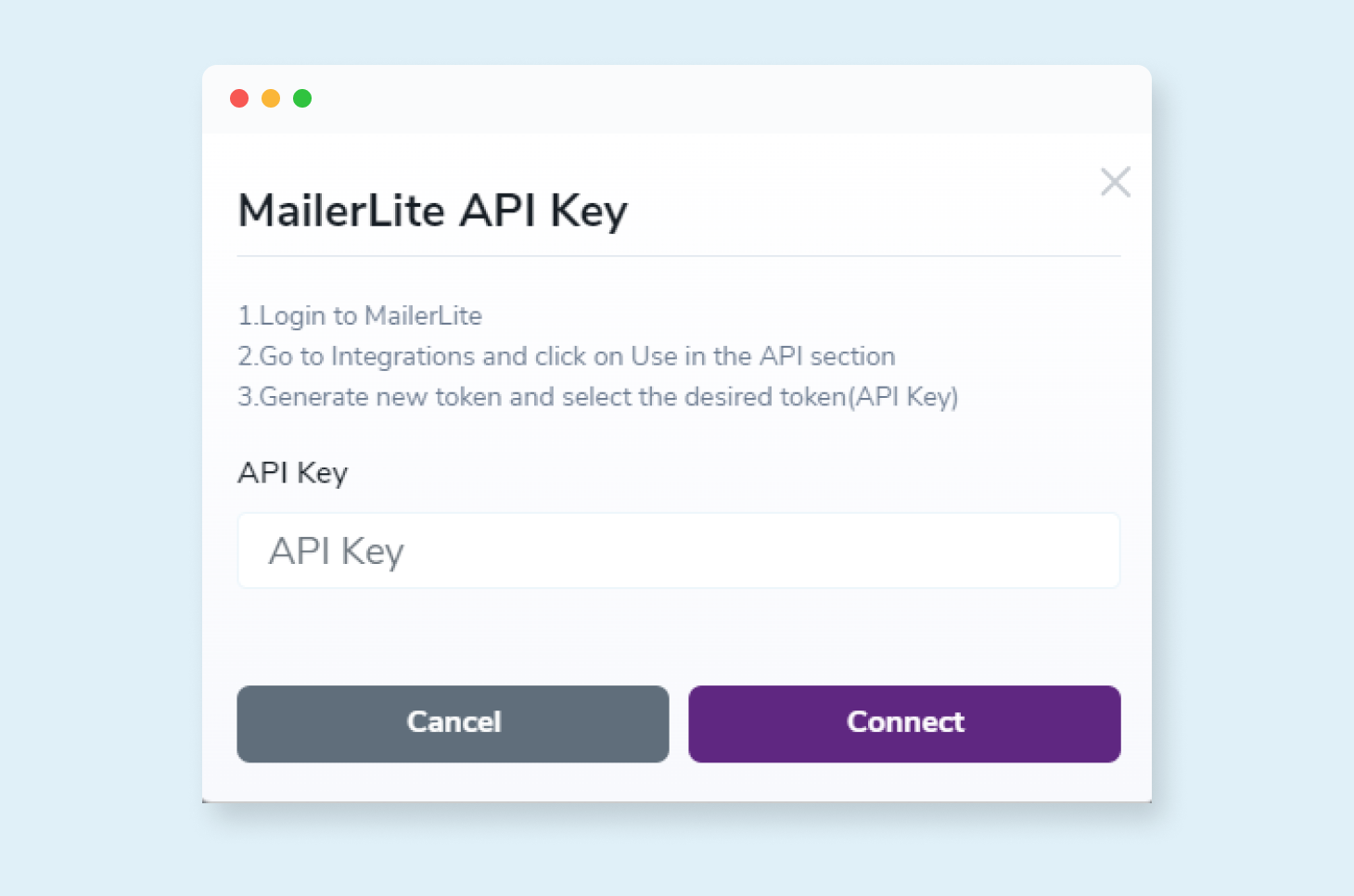 API key connection prompt to verify emails on MailerLite