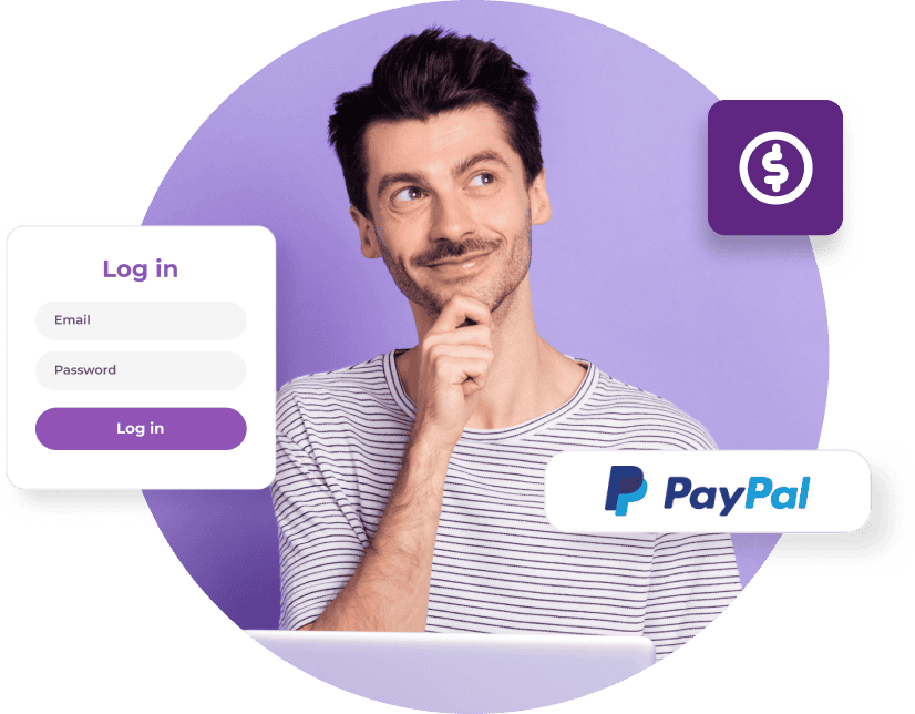 A man in a striped white shirt looks up and smirks next to the Partner login screen and the PayPal logo for Partner payments.