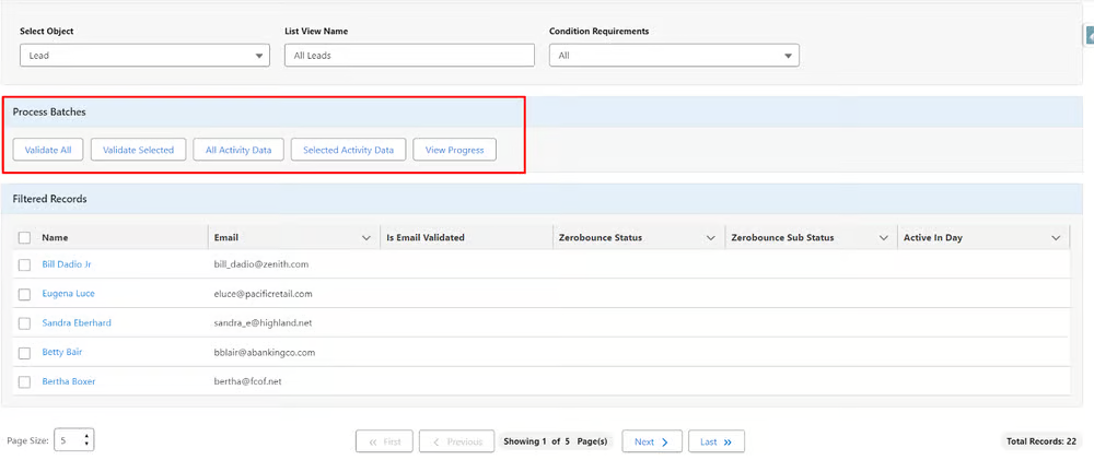 The new ZeroBounce Salesforce app dashboard which shows a list of email records and options to validate all, validate selected, manage activity data, and view progress