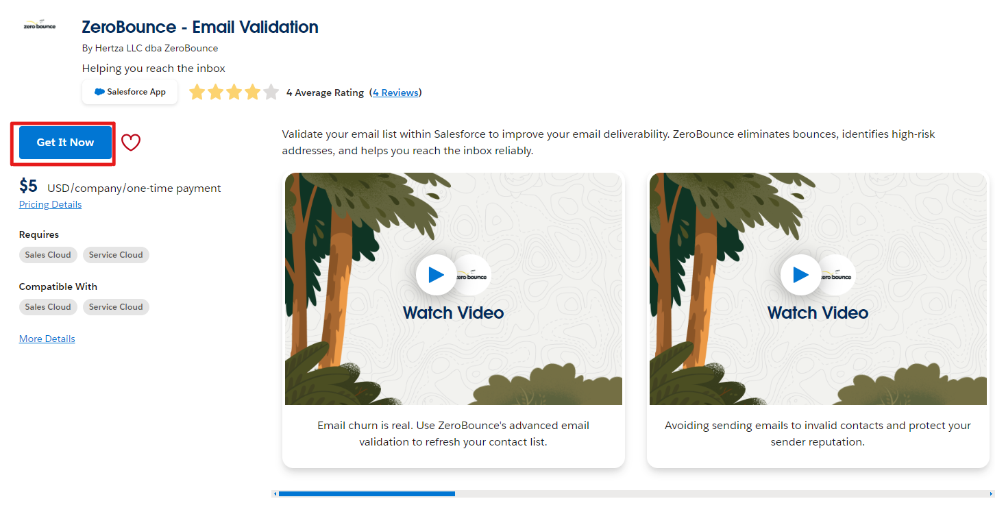 The ZeroBounce - Email Validation app listing on the Salesforce App Exchange with the “Get It Now” button highlighted