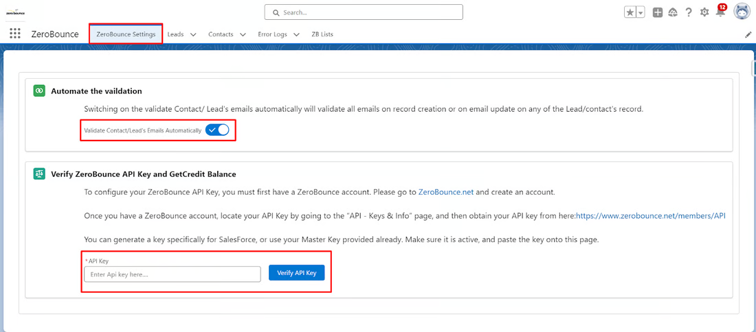 The ZeroBounce app settings in Salesforce with highlights over API key and validate contact/lead emails automatically